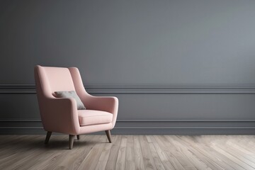 Interior home of living room with armchair on gray wall copy space, hardwood floor, Loft style house