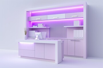 white and light purple modern wooden office cabinet design with led light isolated on white background 