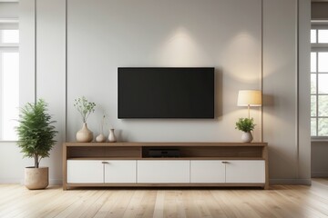 Interior home of living room with LED TV cabinet on white wall copy space mock up