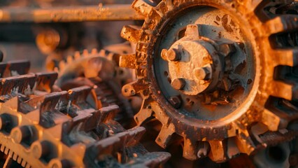A set of worn and weathered gears and pulleys catch the afternoon sunlight hinting at a time when construction machinery was powered by manpower instead of technology.