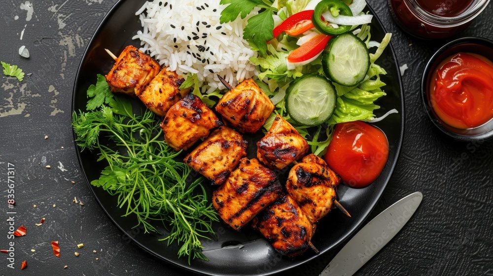 Canvas Prints Flavorful Chicken Tikka served with rice and salad on a black plate Grilled chicken accompanied by rice sauce salad and ketchup on a table