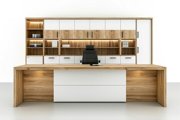 white and light brown modern wooden office cabinet design with led light isolated on white background