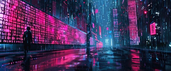 Fototapeta premium Digital Data Rain In A Cyberpunk Setting, Cartoon Style, Background