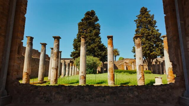 The Alexander Mosaic and the peristyle at the House of the Faun (Casa del Fauno), Pompeii, Naples, Campania, Italy, buried by Mount Vesuvius in 79 AD
