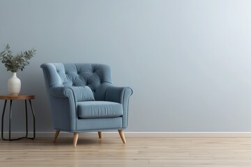 Interior home of living room with armchair and wood laminate table on empty wall copy space mock up, hardwood floor