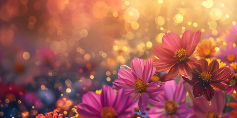 Obraz premium Cosmos Flowers in Sunset Light | Vibrant Floral Scene with Bokeh Background
