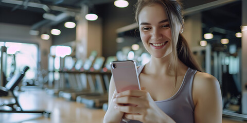 Asian woman smiles at her smartphone through a glowing glass, fostering a digital connection amid the gym's ambiance in a training gym