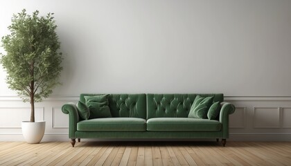 Interior home of living room with green sofa and plants on white wall copy space mock up, hardwood floor
