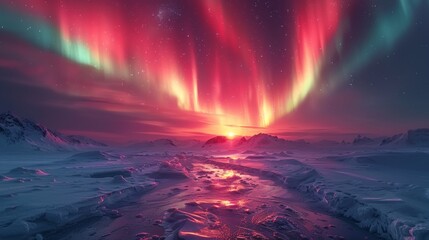 Stunning aurora borealis over a snowy Arctic landscape with vibrant colors illuminating the night sky. Natural wonder and breathtaking scenery.