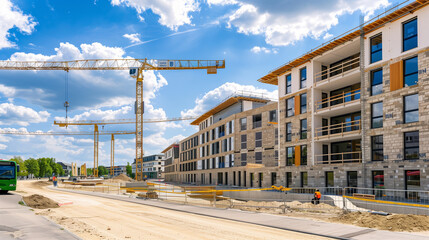 A construction site with cranes and scaffolding. The sky is blue and there are clouds in the background