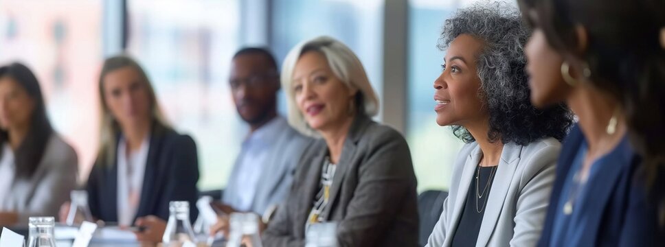 group of professional people sitting at a table in a boardroom listening to one woman talking about business strategy. generative AI