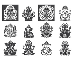 Ganesha Vector Icon Set in Black and White.