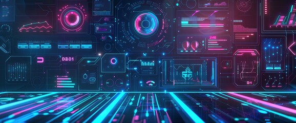 Obraz premium Futuristic Data Visualizations With Neon Elements, Cartoon Style, Background