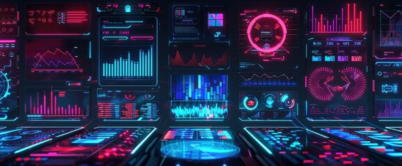 Fototapeta premium Futuristic Data Visualizations With Neon Elements, Cartoon Style, Background