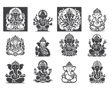 Ganesha Vector Icon Set in Black and White.
