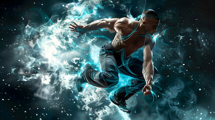 A male model in athletic gear, captured mid-jump in a dynamic action pose, with high-intensity lighting emphasizing the motion and muscle definition