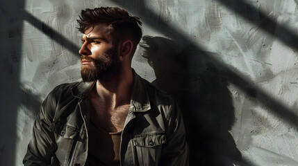 A male model with a stylish haircut and beard, dressed in a casual yet fashionable outfit, leaning against a studio wall with shadows creating depth and texture