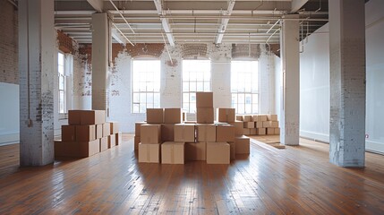 Stacks of unopened flooring material boxes in the center of a vacant room