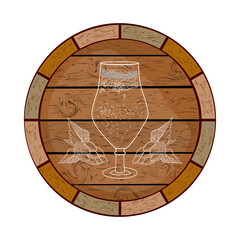 Fototapeta premium Round barrel cap with beer glass and hop sign isolated on white background. Brewing or brewery label. Bottle cap or label with cask, beaker and hop emblem for beer. Stock vector illustration