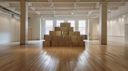 Stacks of unopened flooring material boxes in the center of a vacant room