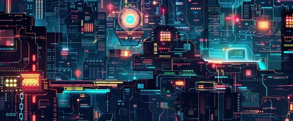 Fototapeta premium Geometric Data Patterns In A Cyberpunk Aesthetic, Cartoon Style, Background