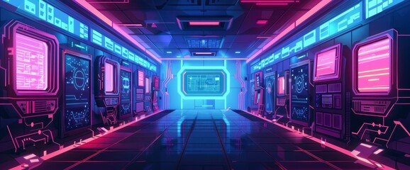 Obraz premium Geometric Data Patterns In A Cyberpunk Setting, Cartoon Style, Background