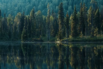 A forest with a lake in the background