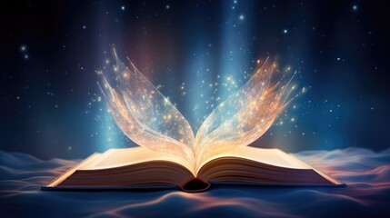 The cover of the magic book is opened, and the blue light shines from the book.