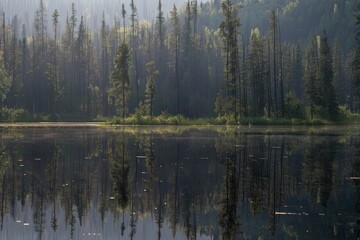Obraz premium Sunlit forest edge with a picturesque lake in the distance. Tranquil wilderness concept.