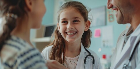 Obraz premium Girl talking to doctor and nurse in medical office, smiling and engaged in conversation
