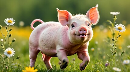 A pig runs through a field of flowers.