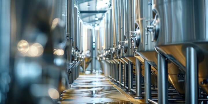 Metal tanks in a beer factory industrial production line for brewing craft beer and distilling alcohol