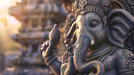 Fototapeta premium Ganesha deity stone statue with elaborate carvings, tilted angle, smooth finish, warm sunlight highlighting details, calming and spiritual feel