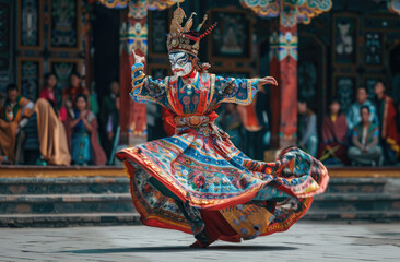 A Tibetan monk in colorful traditional attire, wearing an elaborate mask and dancing with the sky at the Jyderad festival in Luesday, Sake Island