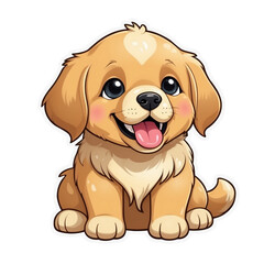 Cute Childish Kawaii Golden Retriever Dog Character Sticker with Big Smile, Shiny Golden Fur and Sparkling Eyes, Thick Black Outline, Generative AI.