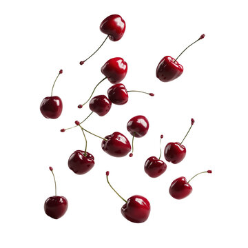 Cherries floating in the air, isolated on transparent background