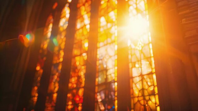 A closeup photo of a restored stained glass window on the facade of a historic church gleaming in the sunlight.