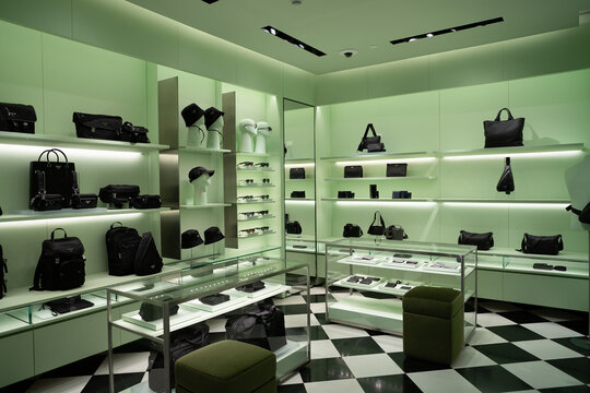 BANGKOK, THAILAND - DECEMBER 14, 2023: bags for sale inside Prada store in Suvarnabhumi International Airport.