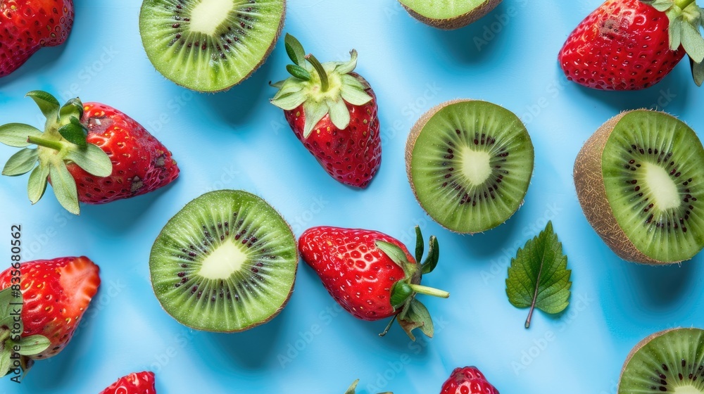 Sticker Strawberries and sliced kiwis on a blue backdrop for printing