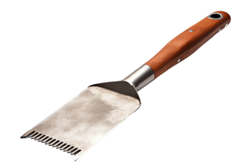 Close-up of a metallic spatula with a wooden handle, isolated on white background. Perfect for cooking, grilling, and barbecue needs.