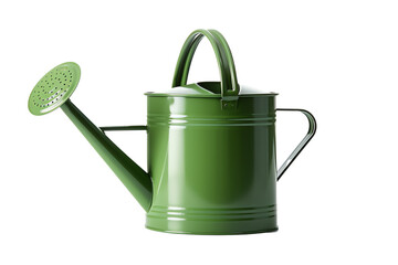 Green metal watering can isolated on white background, perfect for gardening and plant care tasks, durable and stylish design.