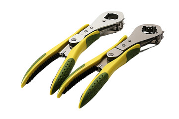 Obraz premium Close-up of two adjustable pipe wrenches with green and yellow handles, isolated on white background, ideal for plumbing tools and hardware theme.