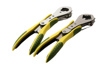 Close-up of two adjustable pipe wrenches with green and yellow handles, isolated on white background, ideal for plumbing tools and hardware theme.