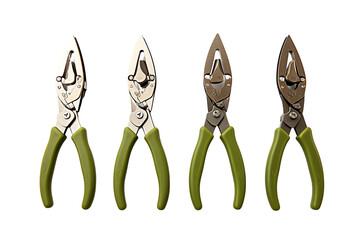 Set of four green-handled pliers in a row, isolated on white background. Ideal for industrial, mechanic, and repair tool concepts.