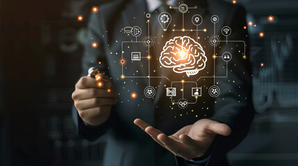 Businessman presenting innovative business intelligence with illuminated brain and data symbols