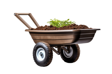 Wheelbarrow filled with soil and plants, used for transportation in gardening, farming, and various landscaping tasks.