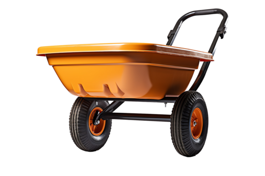 High-quality image of an orange wheelbarrow with black handles and wheels, isolated on a white background. Great for gardening and construction themes.
