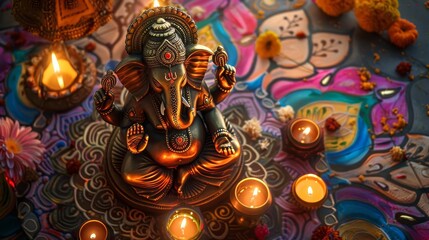 Obraz premium High-angle view, traditional clay statue of Lord Ganesha, surrounded by colorful rangoli patterns and oil lamps, warm ambient lighting, ample copyspace, oil painting texture