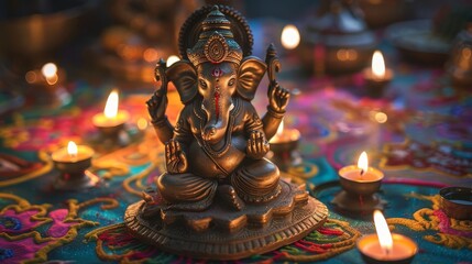 Fototapeta premium High-angle view, traditional clay statue of Lord Ganesha, surrounded by colorful rangoli patterns and oil lamps, warm ambient lighting, ample copyspace, oil painting texture