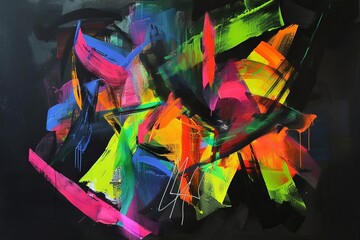 Vivid abstract painting with bright neon colors on a dark background, creating a dynamic and energetic composition.